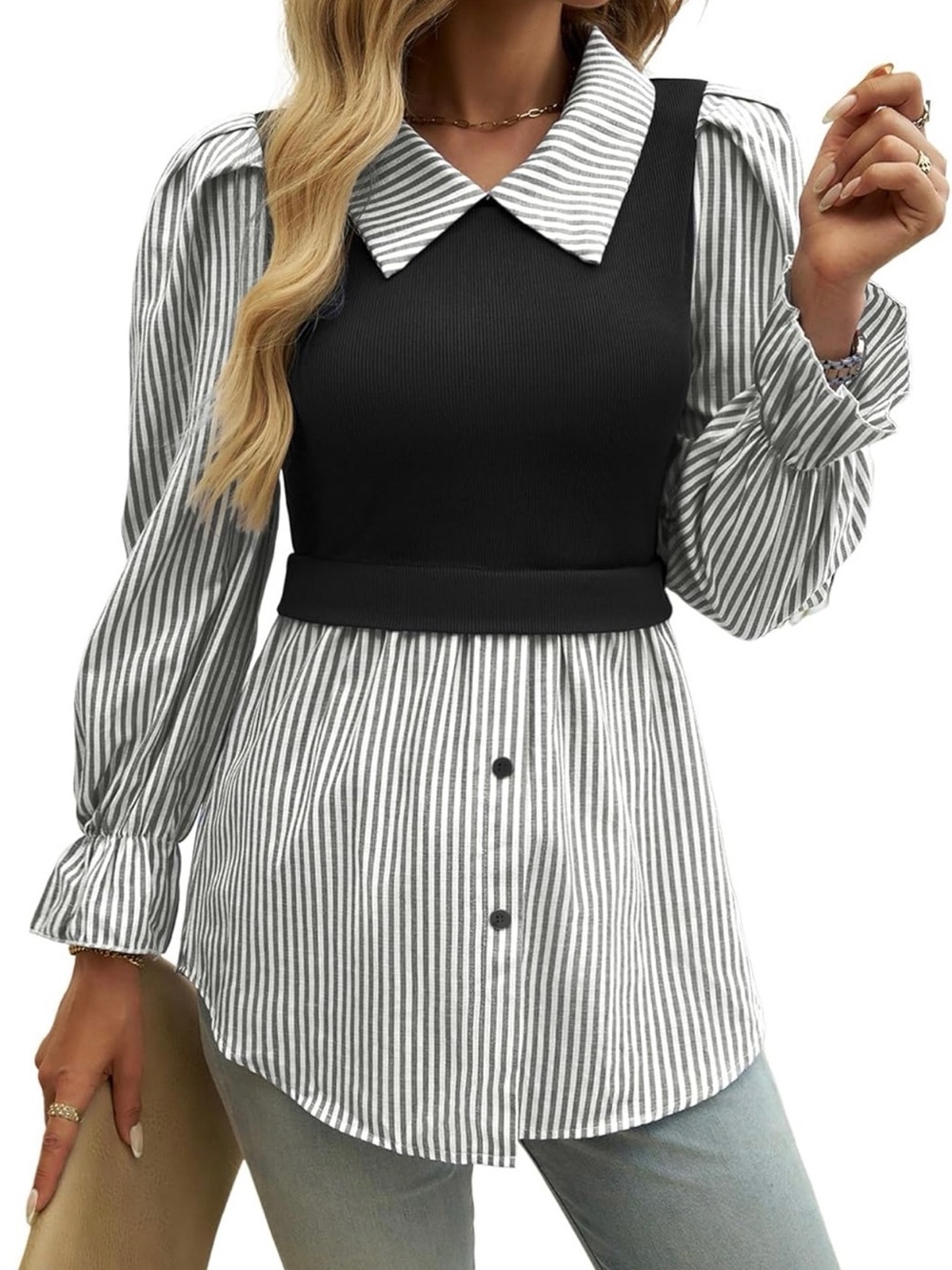 Black & White Striped Layered Collared Top